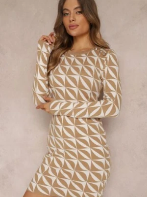 Biało-Beżowa Sukienka Dzianinowa w Geometryczny Wzór Chlaria newstar