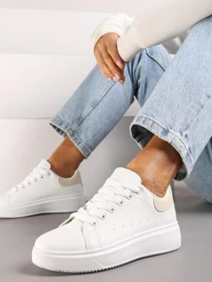 Biało-Beżowe Klasyczne Sznurowane Sneakersy na Grubej Podeszwie Tiadorae