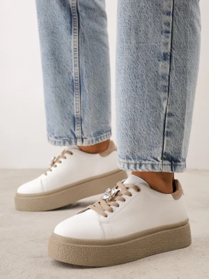 Biało-Beżowe Minimalistyczne Sneakersy Skórzane na Platformie z Aplikacją z Cyrkoniami Gorisa Goodin
