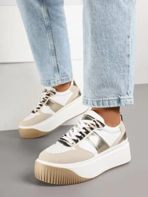 Biało-Beżowe Sneakersy na Grubej Podeszwie z Metalicznymi Wstawkami i Motywem Zebry Fonelina