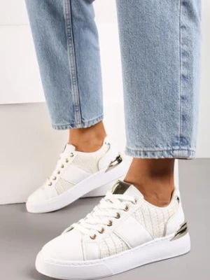 Biało-Beżowe Sneakersy na Grubej Podeszwie z Plecioną Wstawką i Błyszczącymi Detalami Issla