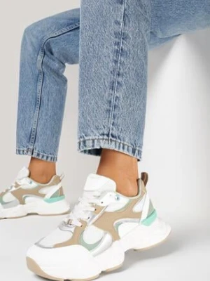 Biało-Beżowe Sneakersy na Grubej Podeszwie z Siateczką i Metalicznymi Wstawkami Terlimi