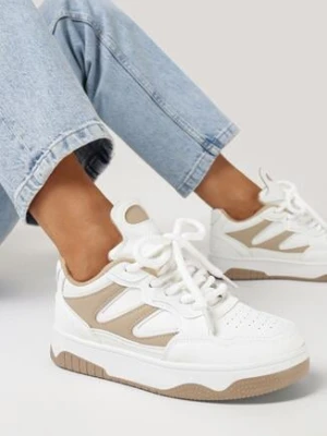 Biało-Beżowe Sneakersy na Grubej Podeszwie z Wstawkami Kalidras