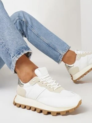 Biało-Beżowe Sneakersy na Grubej Podeszwie ze Żłobieniami i Przeszyciami Frilane