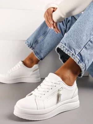 Biało-Beżowe Sneakersy na Niskiej Platformie z Ozdobnym Suwakiem na Boku Pertia