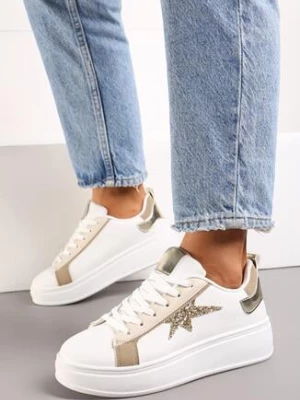 Biało-Beżowe Sneakersy na Platformie z Brokatową Gwiazdką Rasiala