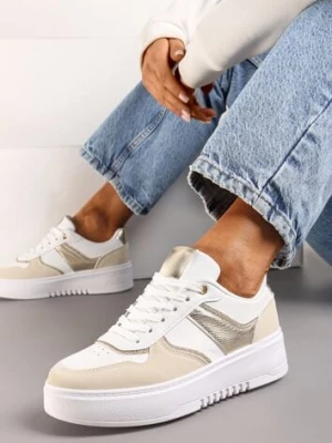 Biało-Beżowe Sneakersy na Platformie z Brokatowymi Akcentami Sellona