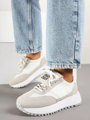 Biało-Beżowe Sneakersy na Platformie z Geometrycznym Wzorem Aluina