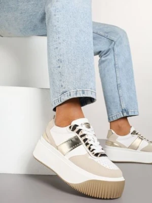Biało-Beżowe Sneakersy na Platformie z Metalicznym Zdobieniem i Printem w Zebrę Fonarien