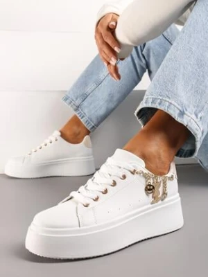 Zdjęcie produktu Biało-Beżowe Sneakersy na Platformie z Ozdobnym Łańcuszkiem i Sznurowaniem Raelffe