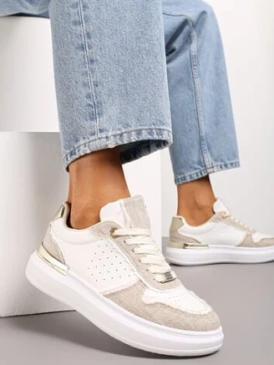 Biało-Beżowe Sneakersy Ozdobione Wstawkami z Materiału i Aplikacją z Cyrkonii Eephira
