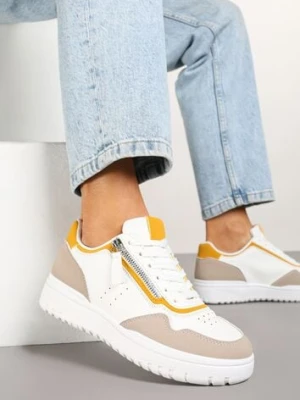 Biało-Beżowe Sneakersy przed Kostkę z Perforacją i Suwakiem na Cholewce Valinorti