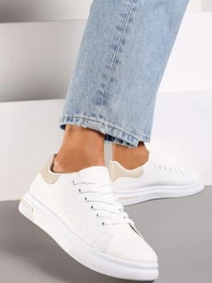 Biało-Beżowe Sneakersy Sznurowane na Płaskiej Podeszwie Azih