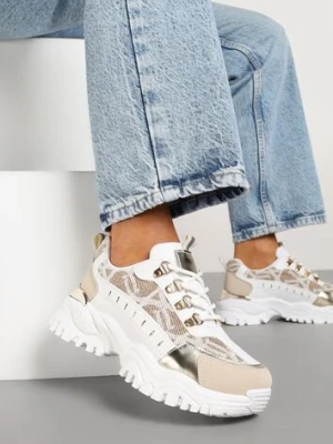 Biało-Beżowe Sneakersy w Steetwearowym Stylu na Tłoczonej Platformie Gonavielle