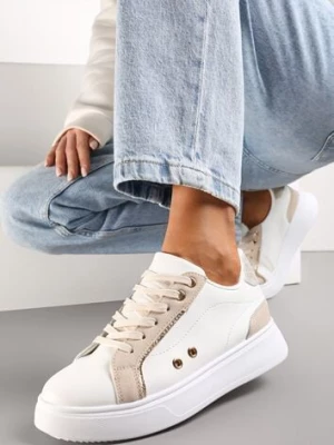 Biało-Beżowe Sneakersy z Metalicznymi Wstawkami na Grubej Podeszwie Amoone