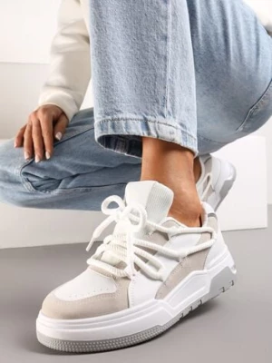 Biało-Beżowe Sneakersy z Szerokimi Ozdobnymi Sznurówkami Naale