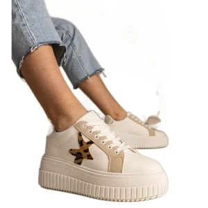 Biało-beżowe sneakersy zdobione brokatem i gwiazdką beżowy Inna marka