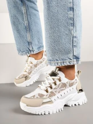 Biało-Beżowe Streetwearowe Sneakersy na Grubej Podeszwie z Tłoczeniami Goniswen