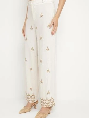 Biało-Beżowe Szerokie Spodnie z Lnem Wiskozą Wysokim Stanem i Haftami Ilonira melya by melody