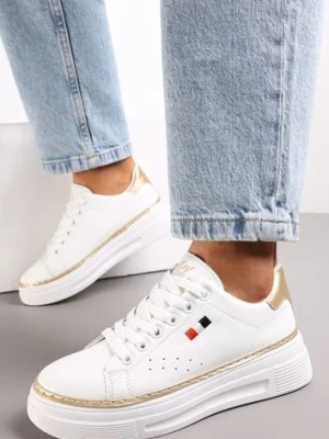 Zdjęcie produktu Biało-Beżowe Sznurowane Sneakersy na Płaskiej Podeszwie z Lamówką Fedat