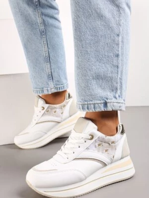 Biało-Beżowe Sznurowane Sneakersy z Ekoskóry z Błyszczącymi Wstawkami Fiviara