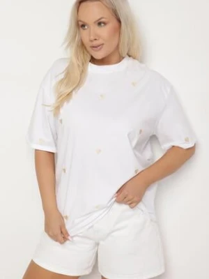 Biało-Beżowy Bawełniany T-shirt Zdobiony Haftem w Kształcie Serc Naloree melya by melody