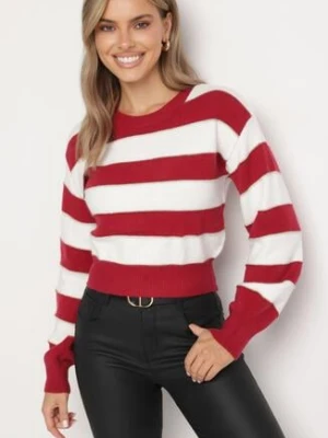 Biało-Bordowy Sweter w Pasy Ozdobiony Metaliczną Nicią Zinellea j&x