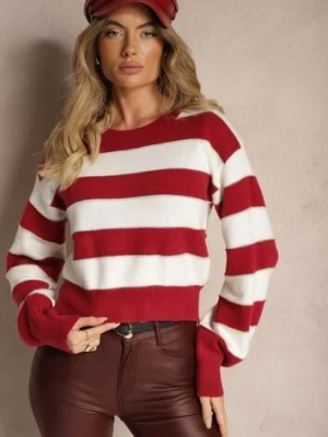 Biało-Bordowy Sweter w Poziome Pasy z Przeszyciami Metalicznej Nitki Zinfarra j&x