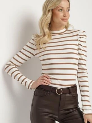Biało-Brązowa Prążkowana Bluzka z Bawełny w Paski z Bufiastymi Rękawami Senarion las garras