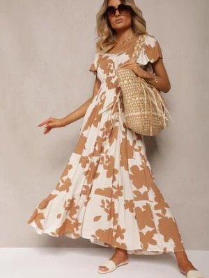 Biało-Brązowa Rozkloszowana Sukienka z Wiskozy z Gumką w Pasie Nansiane cflo