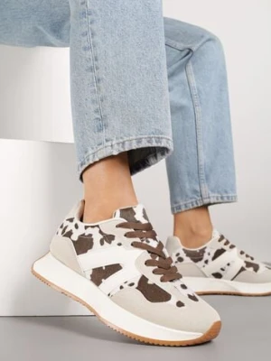 Beżowo-Brązowe Sneakersy na Płaskiej Podeszwie z Geometryczną Wstawką i Wzorem w Krowie Łaty Sewla