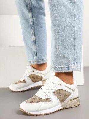 Biało-Brązowe Sneakersy Ozdobione Metaliczną Aplikacją i Przeszyciami Soltia haver