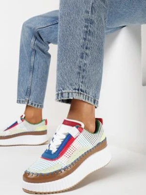 Biało-Brązowe Sneakersy z Patchworkową Cholewką i Tłoczoną Platformą Geridia