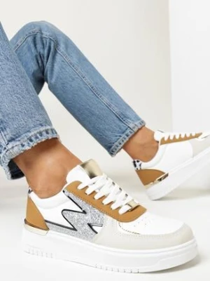 Biało-Brązowe Sznurowane Sneakersy na Płaskiej Podeszwie z Metaliczną i Brokatową Wstawką Mebassa