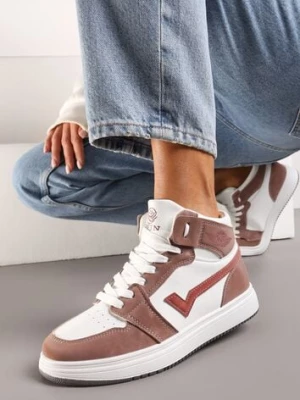 Biało-Brązowe Wysokie Sneakersy na Płaskiej Podeszwie Ozdobione Przeszyciami Biacara