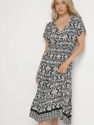 Biało-Czarna Bawełniana Sukienka Rozkloszowana we Wzór Paisley Lanadira defox