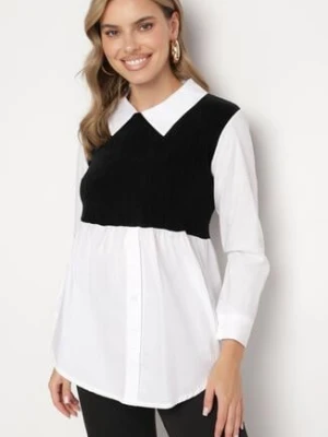 Biało-Czarna Bluzka Koszulowa z Bawełną Połączona z Dzianinową Kamizelką Etamaris j studio