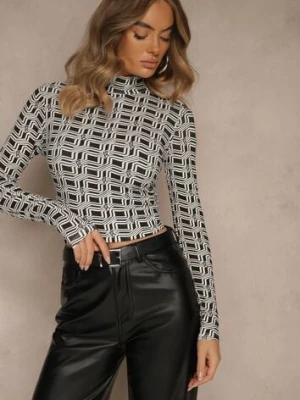 Biało-Czarna Bluzka Longsleeve z Golfem z Bawełny w Geometryczny Print Zadanevia glo-story