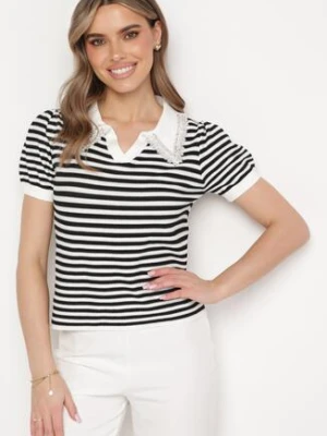 Biało-Czarna Bluzka w Paski z Wiskozy Kołnierzyk Ozdobiony Cyrkoniami i Perełkami Lexara elsa.m by may