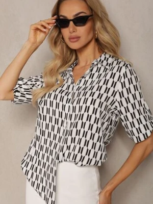 Biało-Czarna Koszula z Wiskozy i Bawełny w Geometryczny Wzór z Rękawem 3/4 Andromia