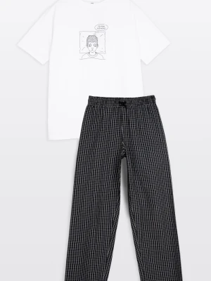 Biało-czarna piżama z autorską grafiką z przodu Reporter