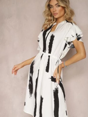 Biało-Czarna Pudełkowa Sukienka z Ozdobnym Wzorem i Sznurkiem w Talii Sidna
