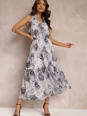 Biało-Czarna Rozkloszowana Sukienka w Kwiaty z Paskiem Ademora