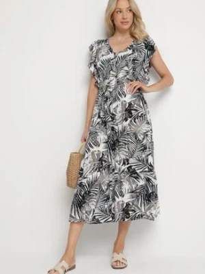 Biało-Czarna Rozkloszowana Sukienka we Florystyczny Print z Bawełny Lanioreta defox