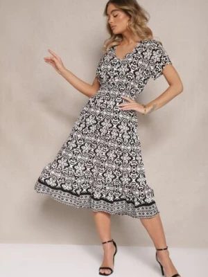 Biało-Czarna Rozkloszowana Sukienka z Bawełny w Print Paisley Lanarisa defox