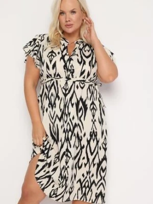 Biało-Czarna Rozkloszowana Sukienka z Krótkim Rękawem Zwężana w Talii Ezeviana