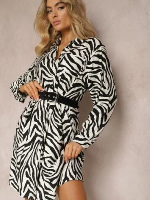 Biało-Czarna Sukienka o Koszulowym Kroju z Dekoltem w Serek i Zapięciem na Guziki Laveira melya by melody