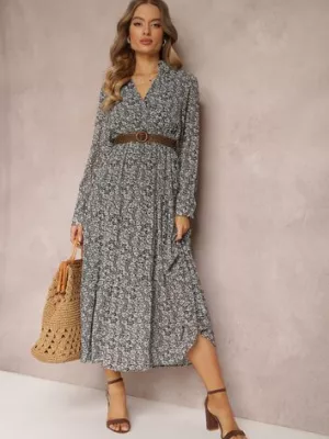 Biało-Czarna Sukienka Rozkloszowana w Kwiaty z Paskiem Rakhila r&f fashion