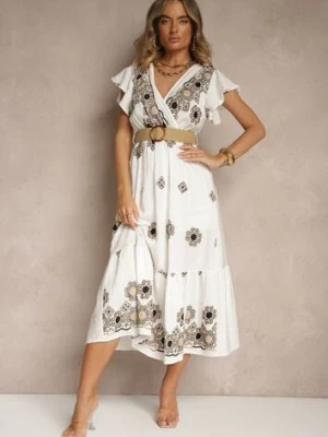 Biało-Czarna Sukienka z Wiskozy Ozdobiona Paskiem i Haftem Nilorelle rosa