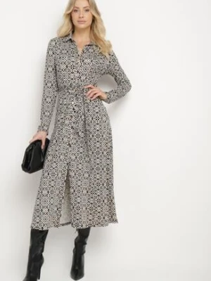 Biało-Czarna Taliowana Sukienka Maxi z Materiałowym Paskiem w Geometryczny Print Filint by swan